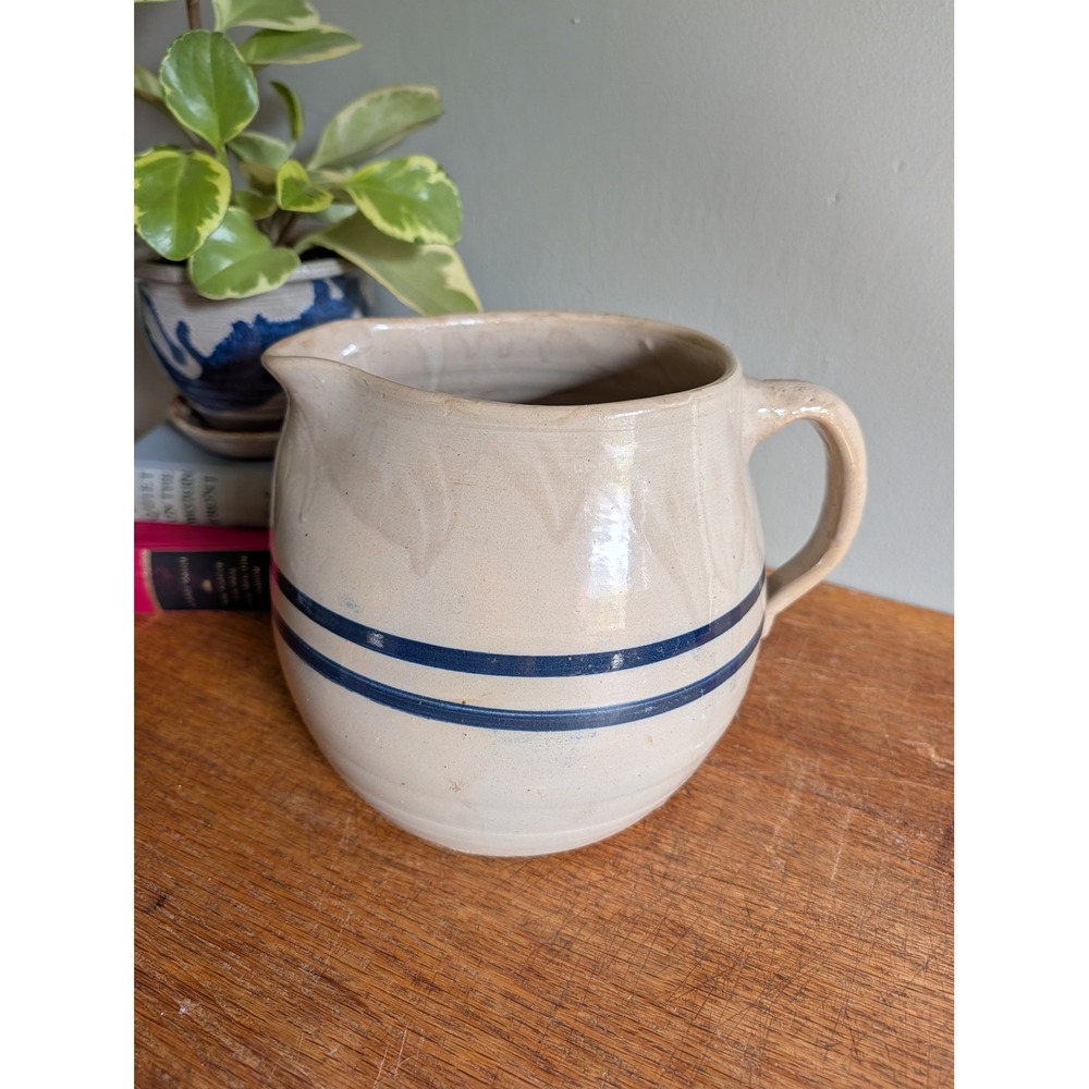 Vintage Blue Banded Stoneware Pitcher Farmhouse Pottery Jug Beige Cobalt Stripe
